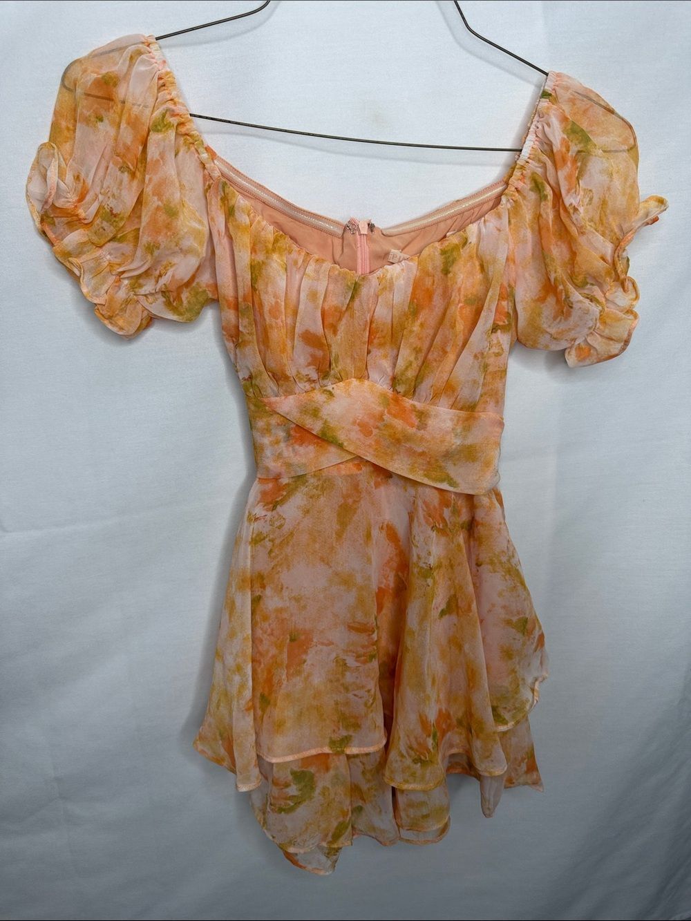 Peach Floral Off-Shoulder Mini Dress with Puff Sleeves